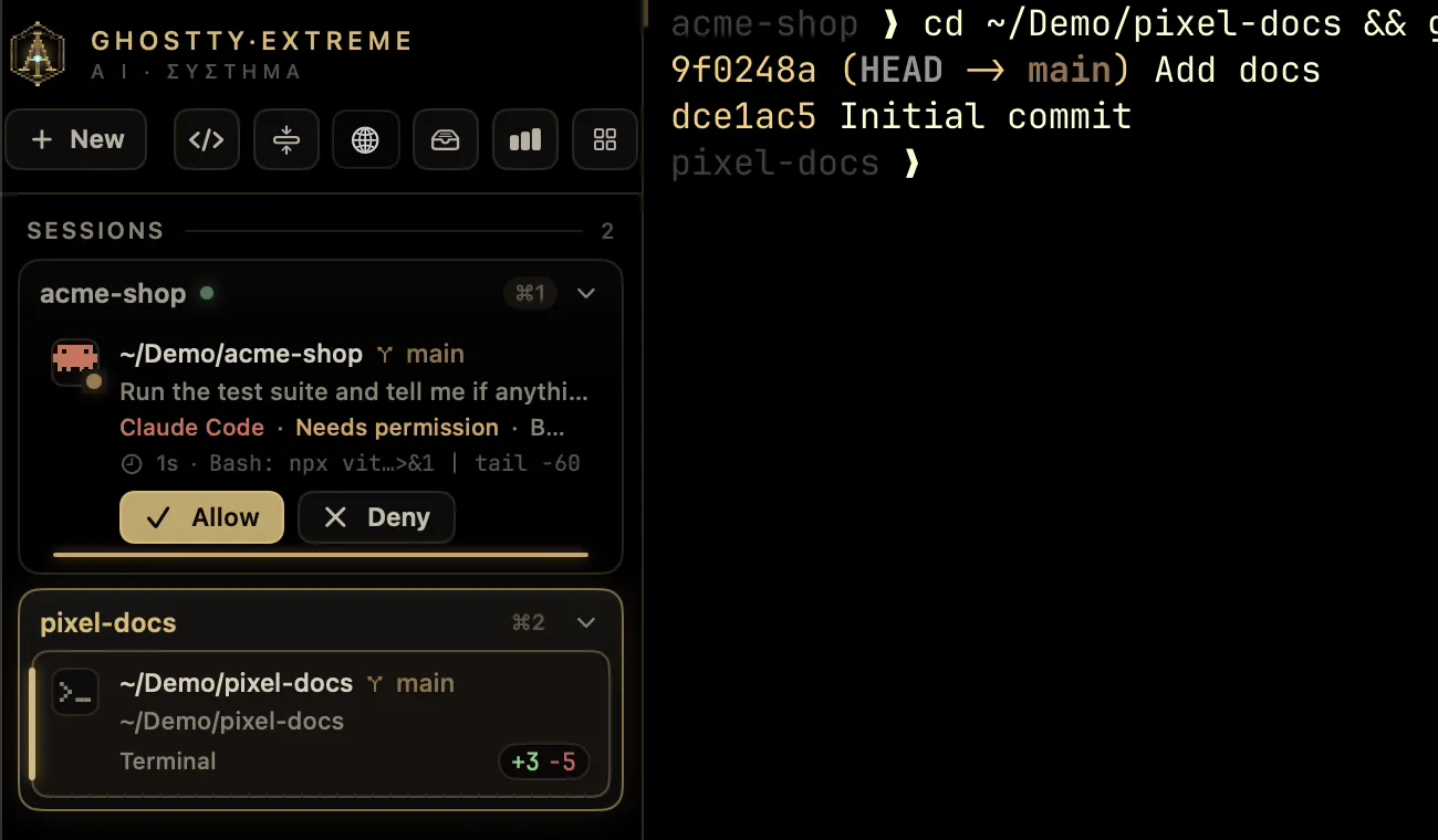The sidebar: an agent waiting for permission, with Allow and Deny on its card, and a second project below