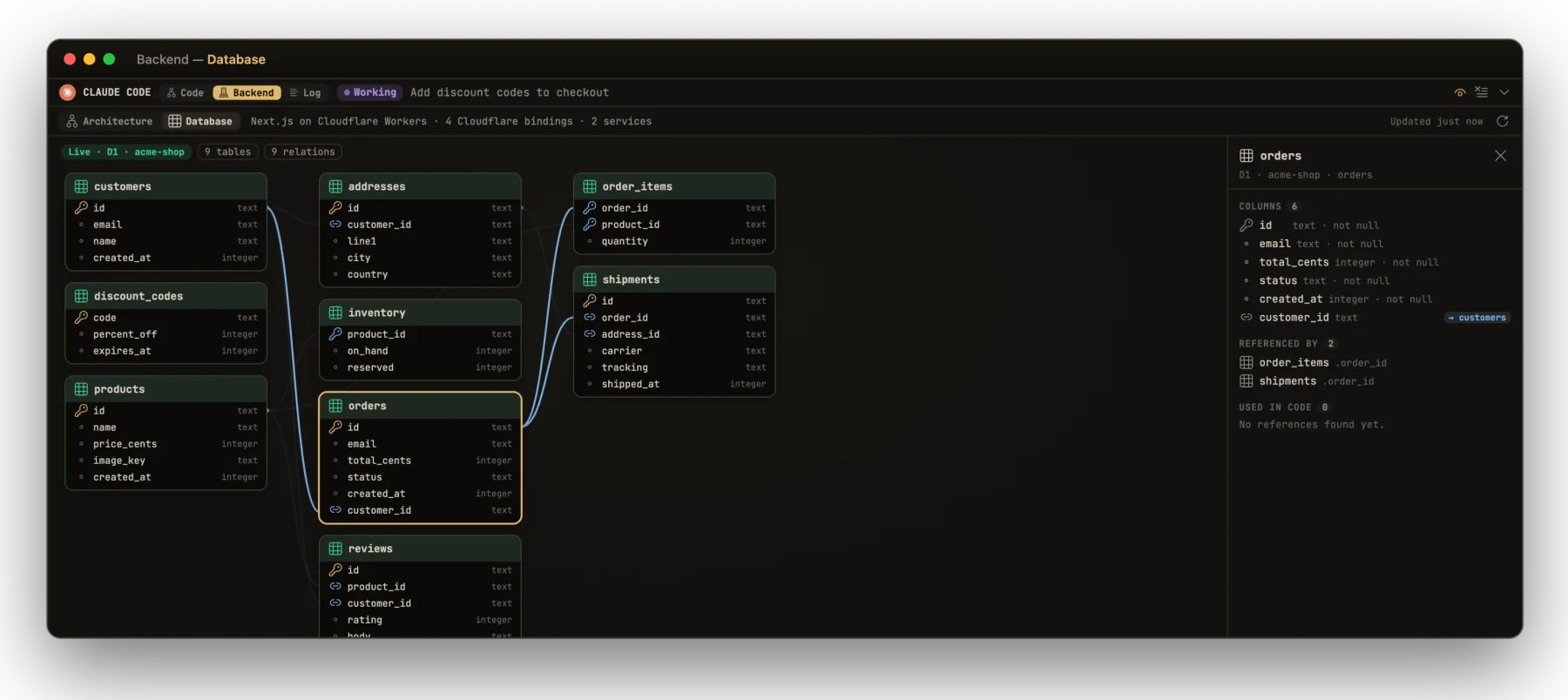 The Database view: tables, columns and relations