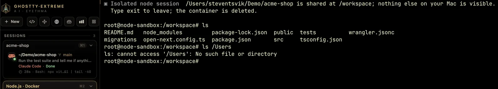 An isolated Node.js session: the project is shared at /workspace and /Users doesn't exist inside the container