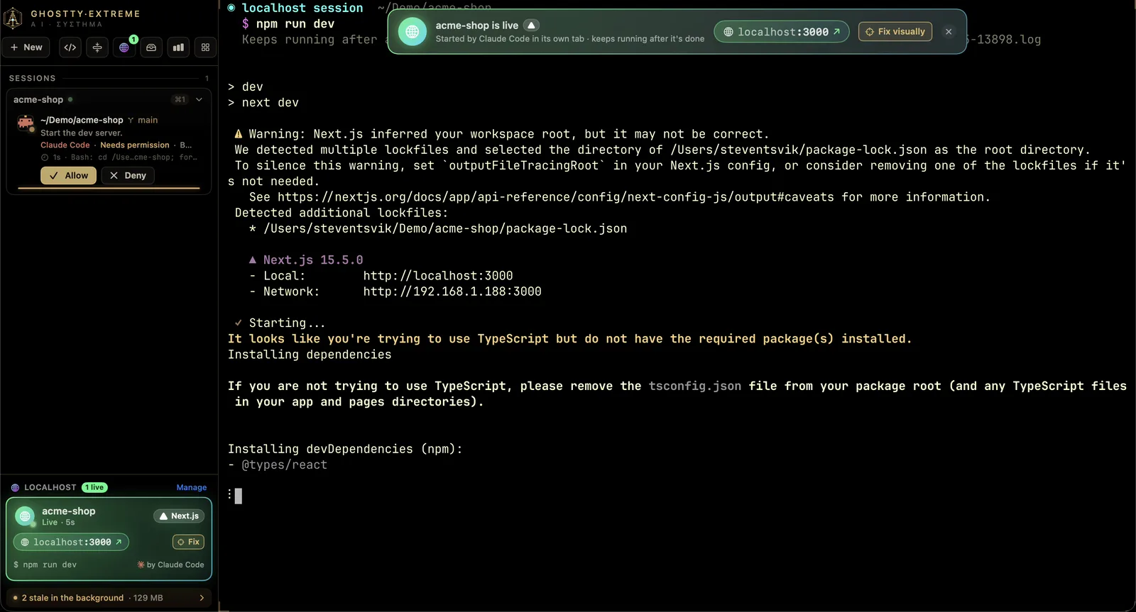 A dev server Claude Code started, running in its own tab, with an 'acme-shop is live' banner and a Localhost card in the sidebar