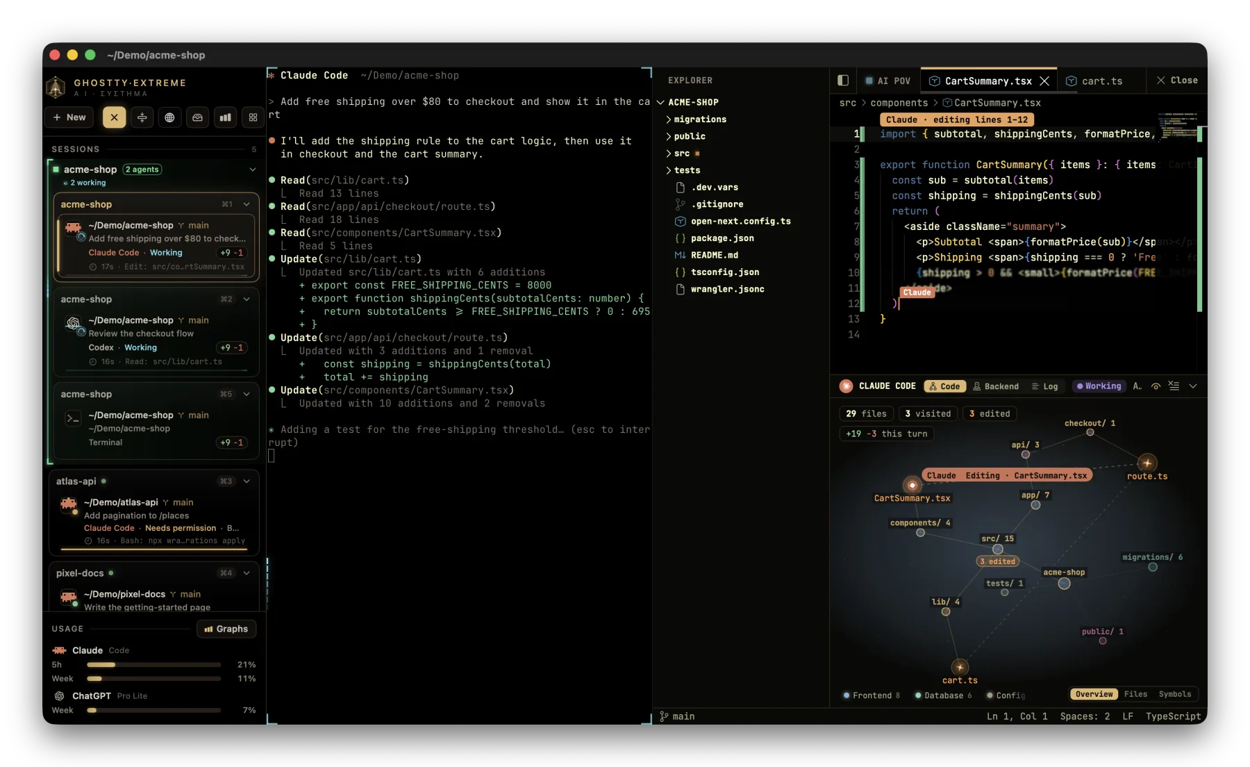 GhosttyEXTREME with a live Claude Code agent: the agent sidebar, the terminal, the code editor typing in the agent's edit, and the code map tracing its path