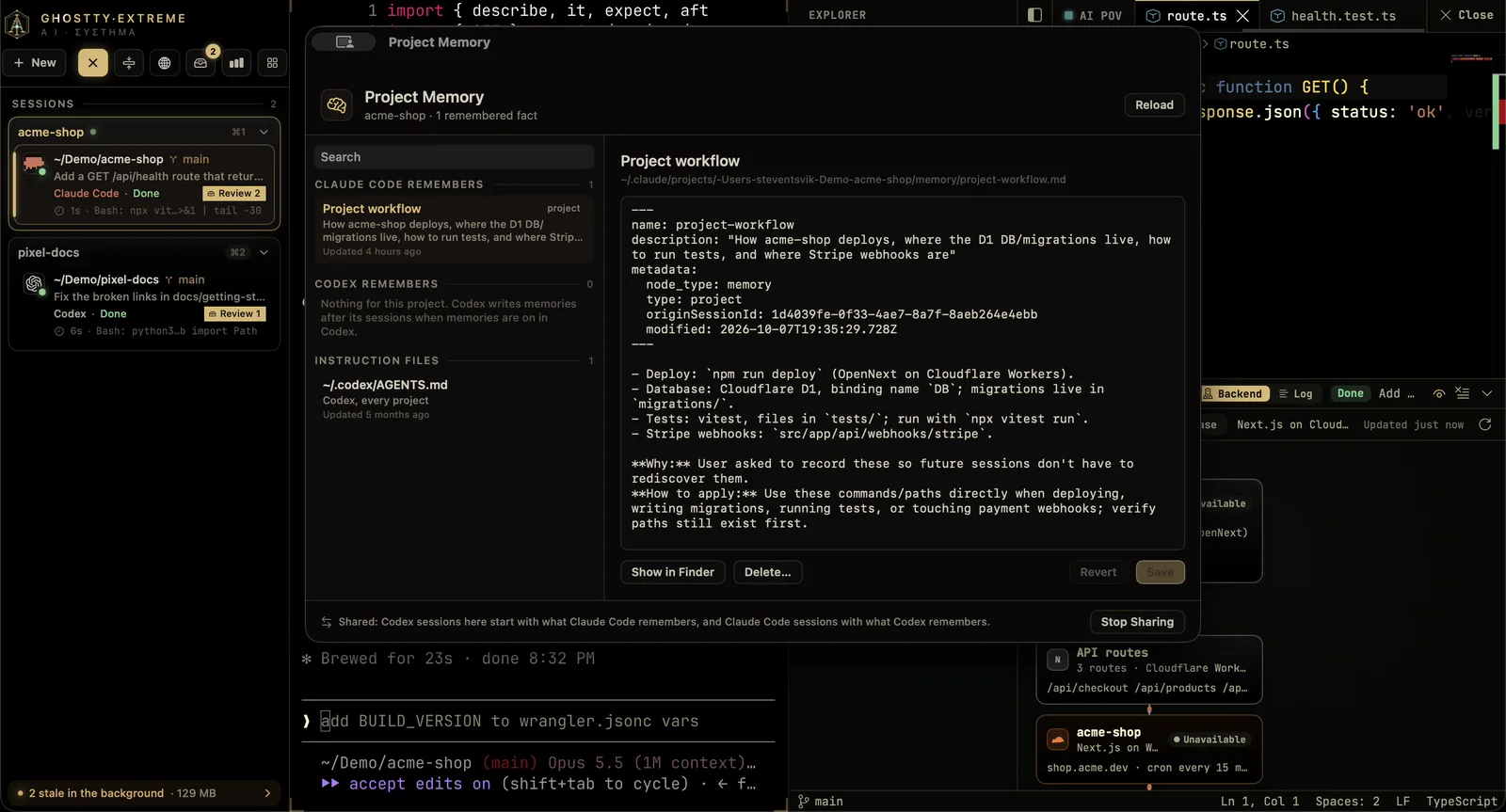 The Project Memory window: Claude Code's saved notes for the project, Codex's memories and the instruction files