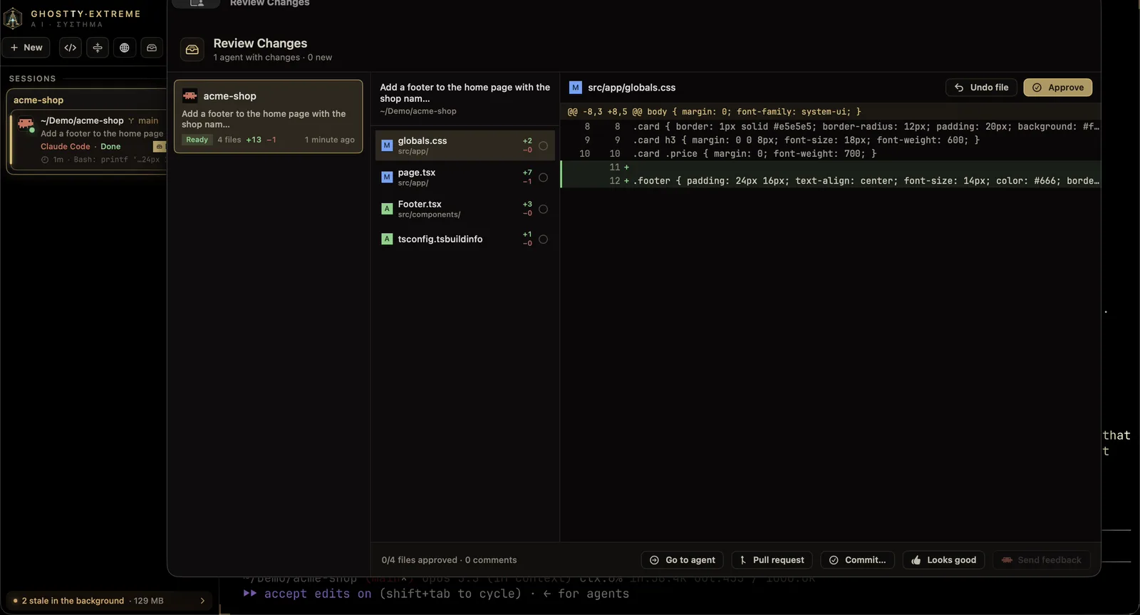 Review Changes: an agent's turn with its changed files and the diff of one of them