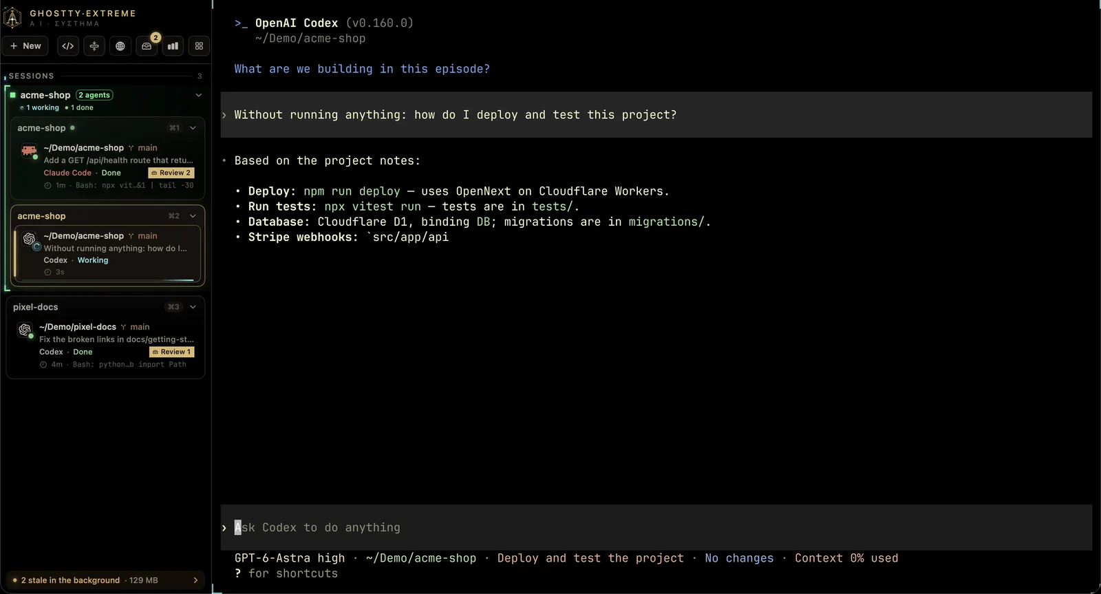 A brand-new Codex session answering how to deploy and test the project from Claude Code's saved notes
