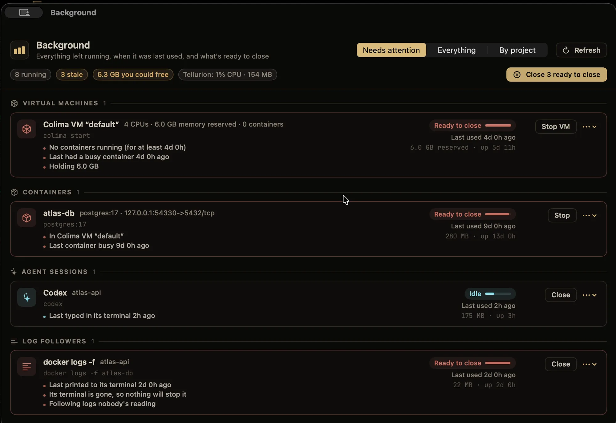The Background window: leftover VMs, containers, agent sessions and browsers with staleness ratings