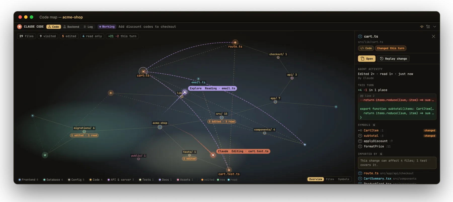 The code map: the project as a star map, with the agent's path and a file's blast radius