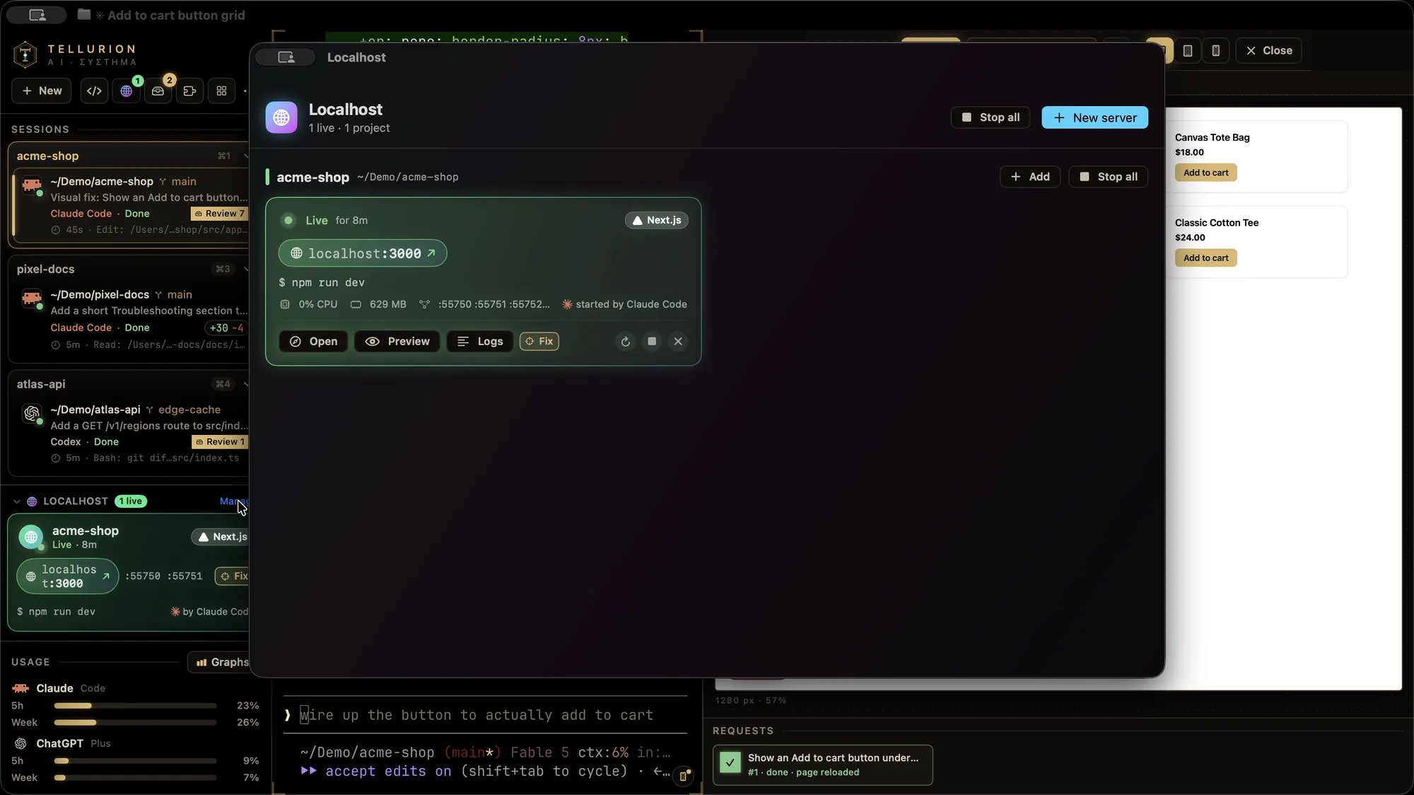 A dev server Claude Code started, running in its own tab, with an 'acme-shop is live' banner and a Localhost card in the sidebar