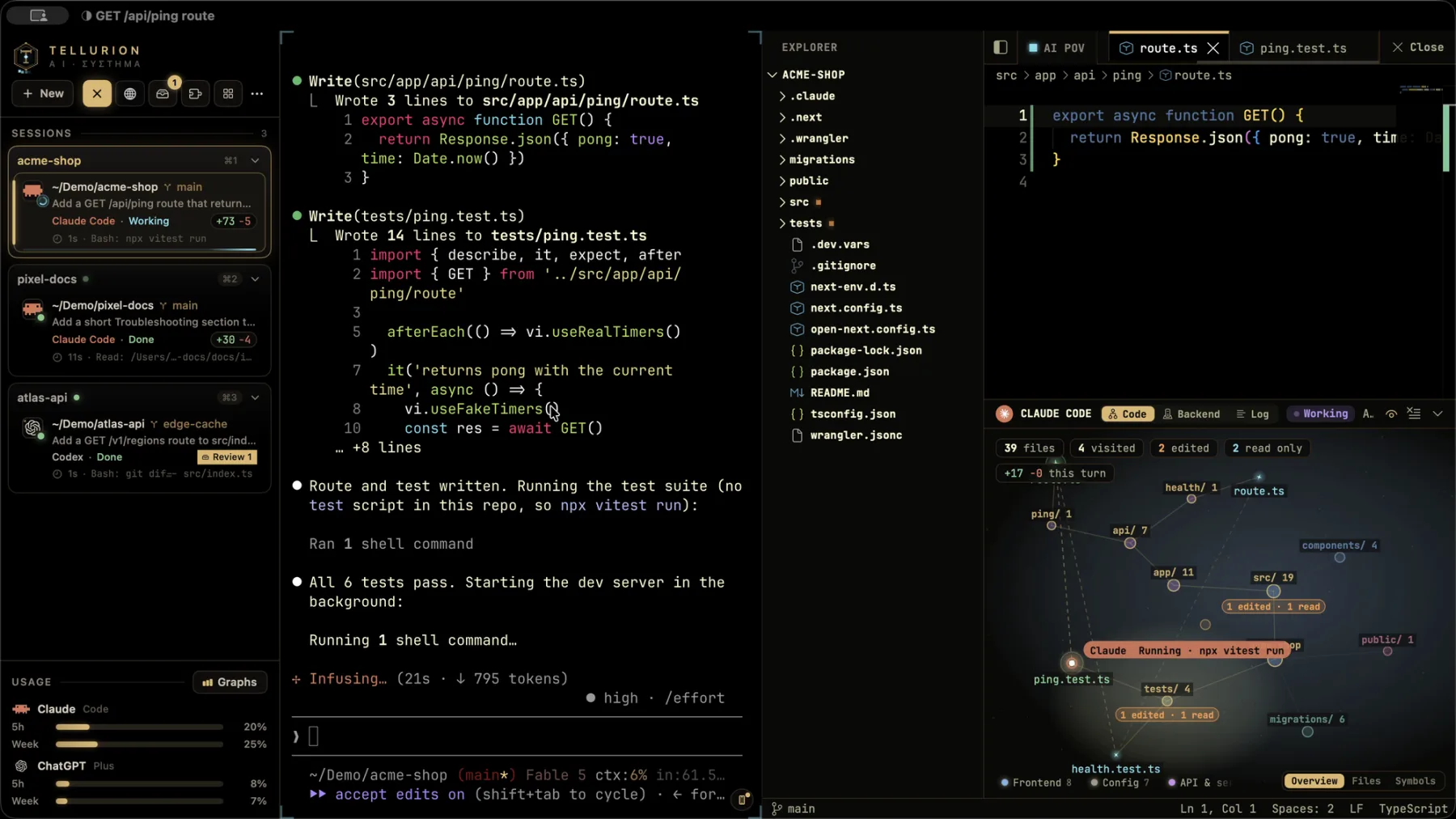 Tellurion with a live Claude Code agent: the agent sidebar, the terminal, the code editor typing in the agent's edit, and the code map tracing its path