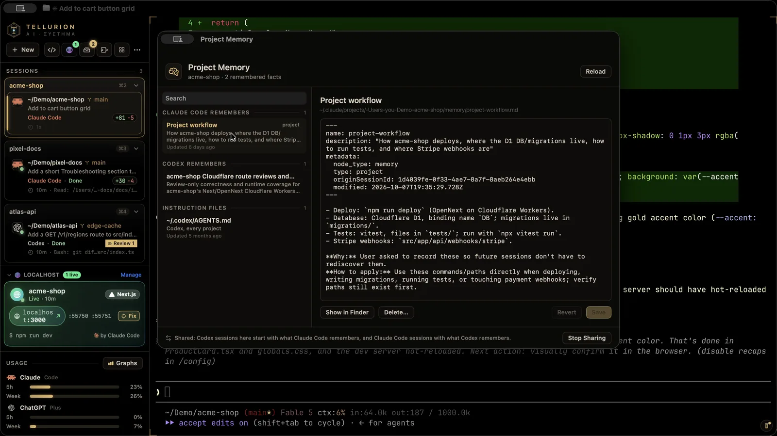 The Project Memory window: Claude Code's saved notes for the project, Codex's memories and the instruction files