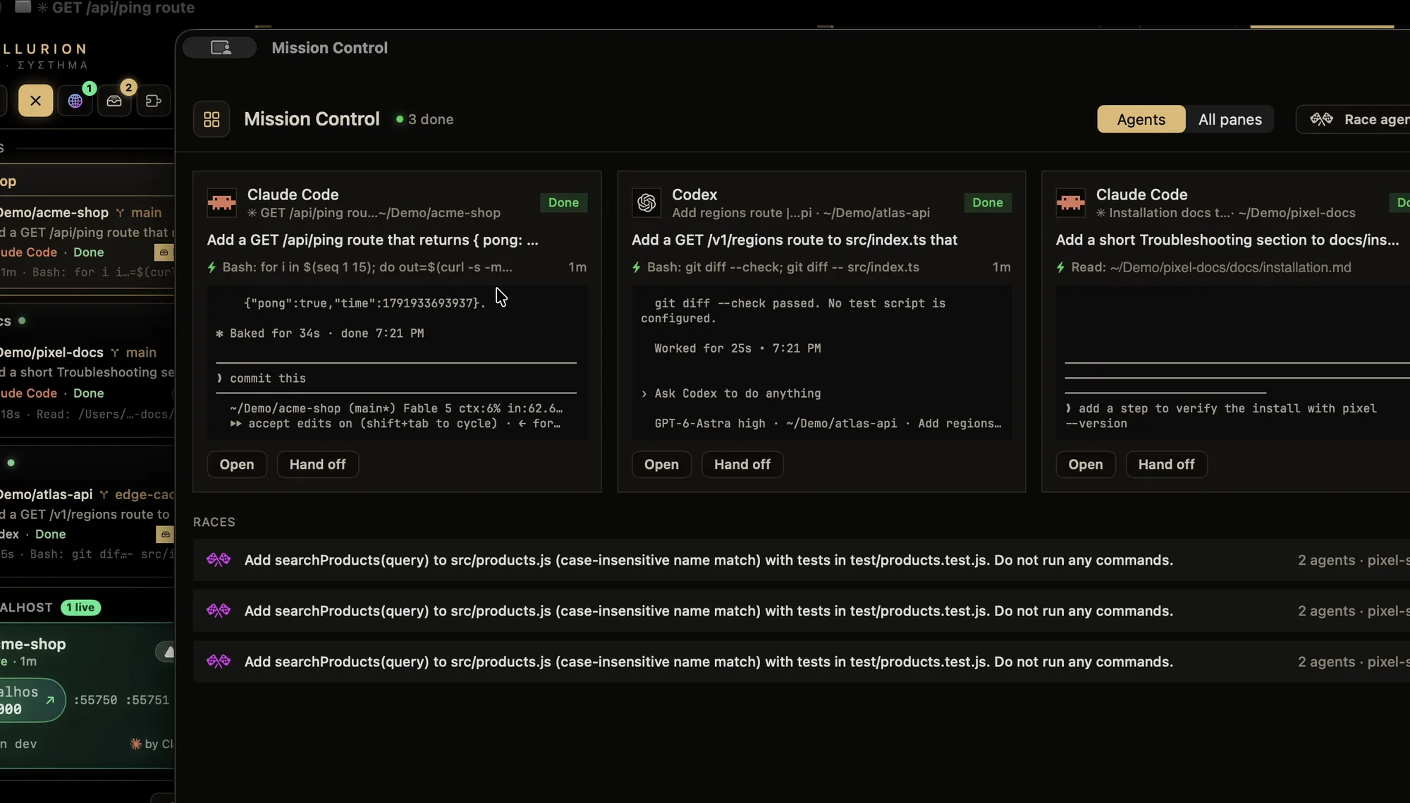 Mission Control: Codex working in one project and Claude Code done in another, each with its task, last action and terminal