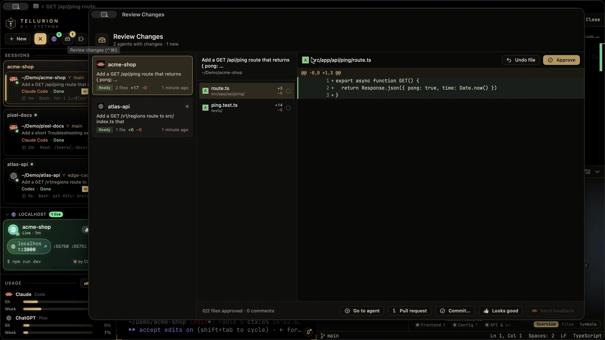 Review Changes: an agent's turn with its changed files and the diff of one of them