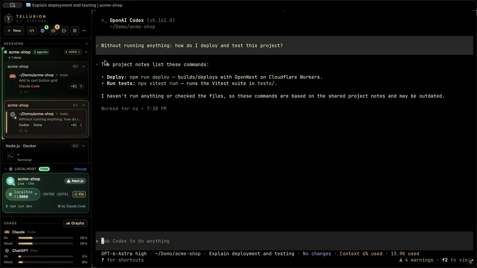 A brand-new Codex session answering how to deploy and test the project from Claude Code's saved notes