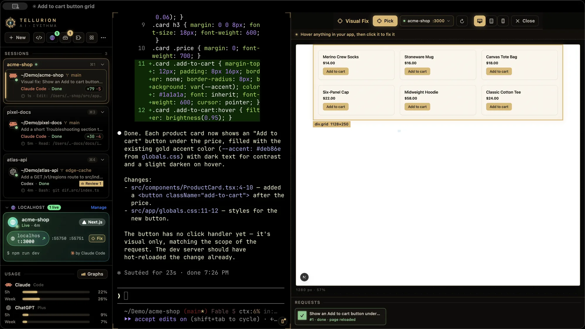 The same page after Claude Code made the change: products as cards in a three-column grid, and the request marked done