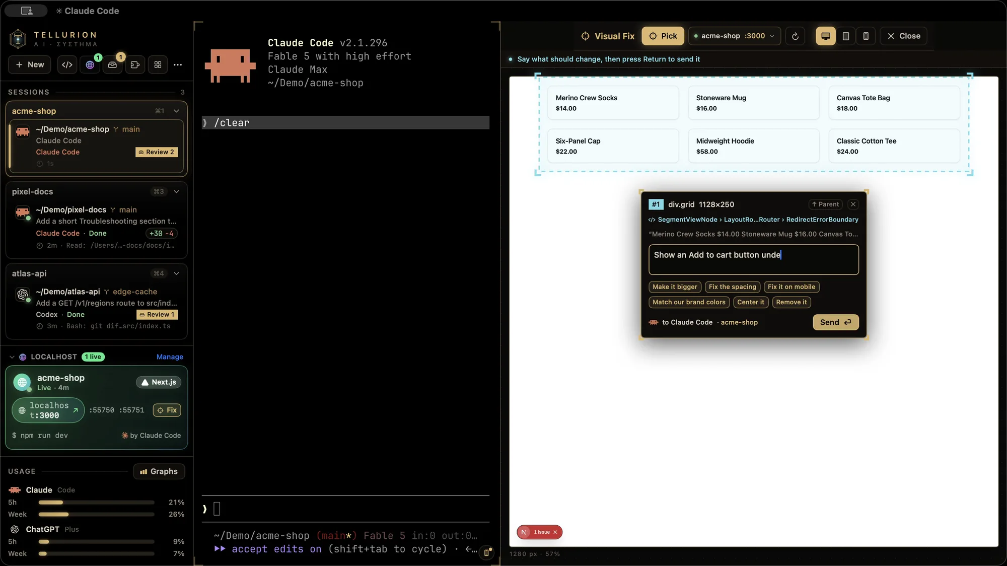 Visual Fix: a product heading picked in the running app, with a box to say what should change and send it to Claude Code